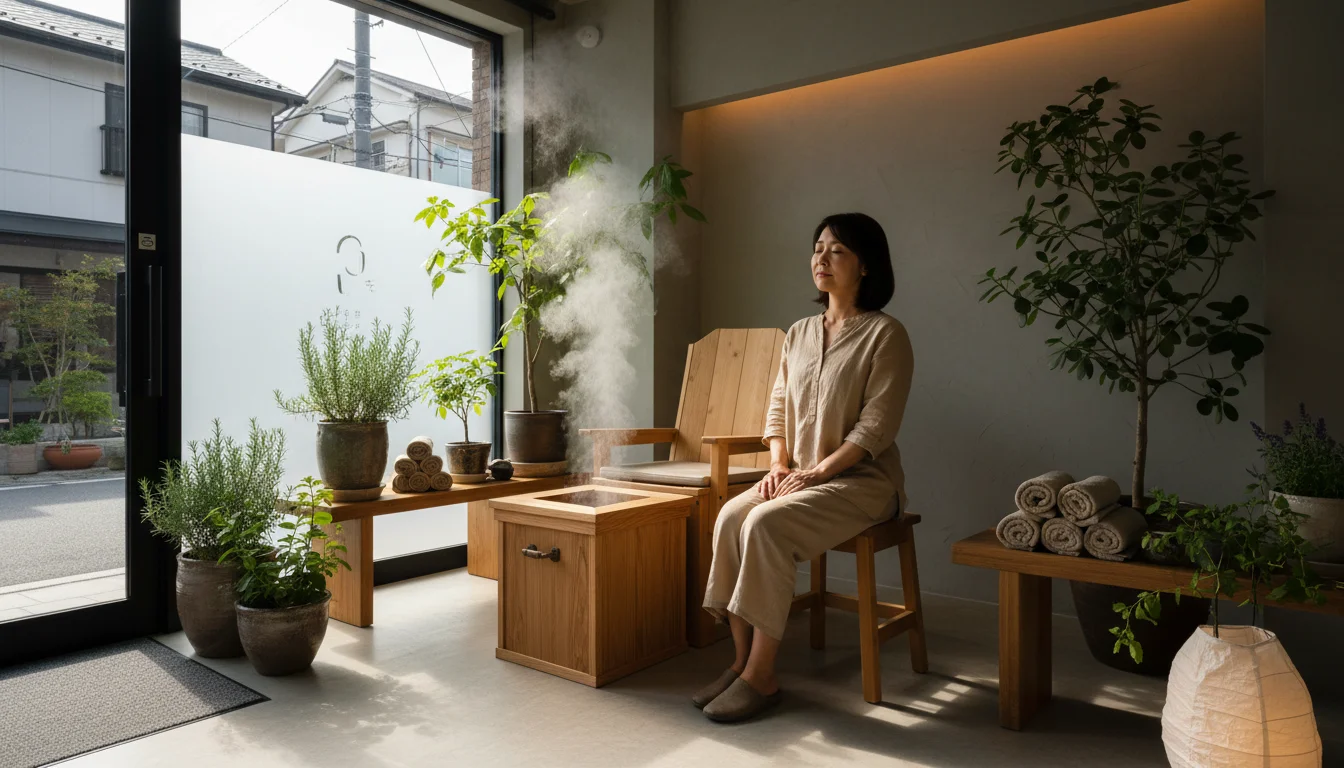植物とタオルを備えたサロンの施術スペース
